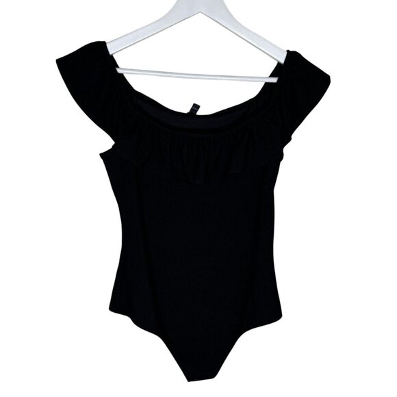Express Black Off-The-Shoulder Ruffle Ribbed Bodysuit, Elevated Basic, Small - Picture 1 of 9